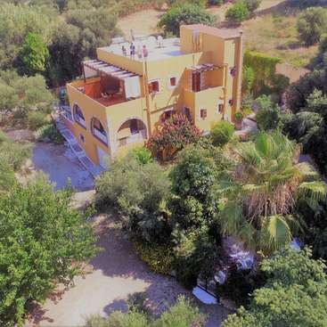 La imagen muestra una gran casa amarilla con tejado plano, rodeada de frondosa vegetación y árboles, captada desde una perspectiva aérea.