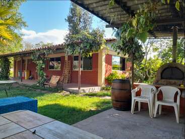 A rustic outdoor patio with white plastic chairs, a wooden barrel, pizza oven, brick house, green plants, ladder, bench, tables, and grass under a blue sky.