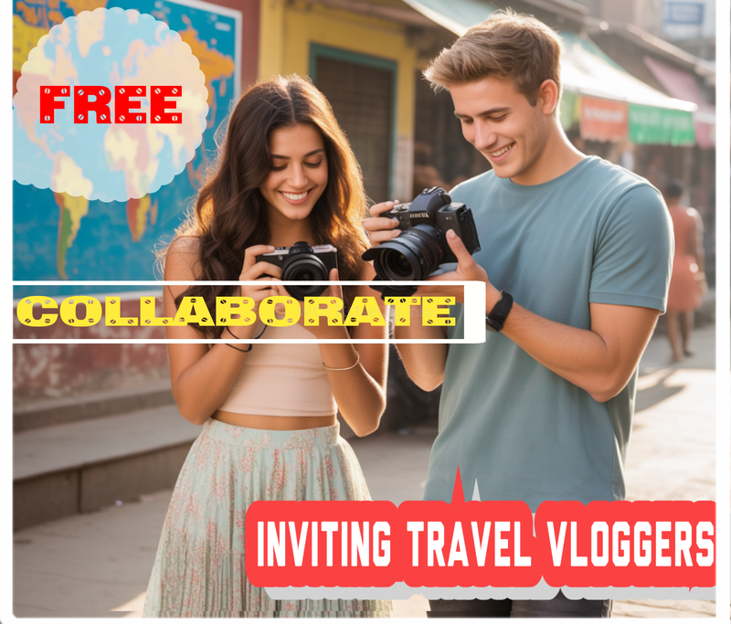 Deux vlogueurs de voyage heureux avec des caméras, souriant à l'extérieur. Le texte souligne "GRATUIT", "COLLABORATION" et "INVITING TRAVEL VLOGGERS". Le site web "Littlewhileworld.com" figure en haut de la page.