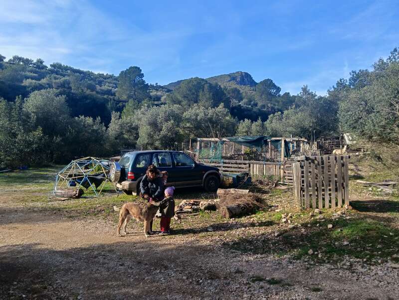 A woman, child, and dog stand outside beside an SUV in a rural, fenced area with trees, mountains, and blue sky in the background.