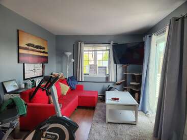 Un salon confortable avec un canapé d'angle rouge, un vélo d'appartement, une table basse blanche, un arbre à chat, une grande télévision, des œuvres d'art, une fenêtre et une porte-fenêtre vitrée avec des rideaux.