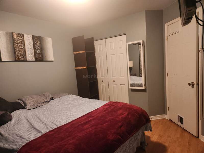 Voici une chambre confortable avec un grand lit, une œuvre d'art accrochée au-dessus, une couverture rouge, une armoire aux portes blanches, une étagère sur pied, un miroir et un parquet.