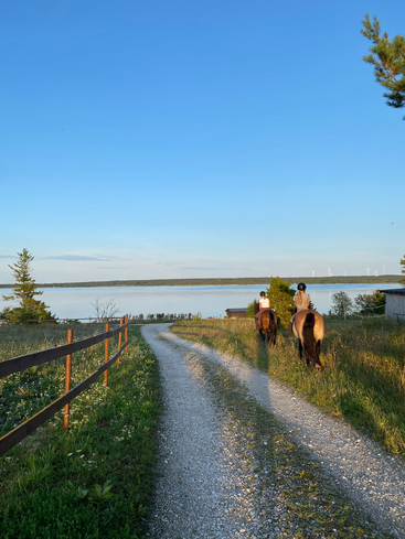 Dos personas montan a caballo por un camino de grava junto a una valla de madera, con un lago sereno y un cielo azul claro de fondo, bajo la luz del sol del atardecer.