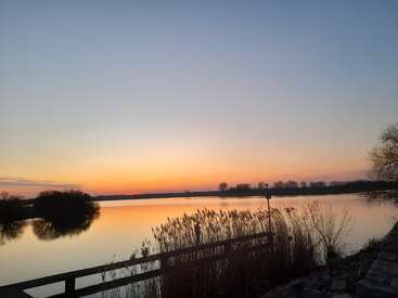 Une scène de lac tranquille au coucher du soleil, avec des teintes dorées et orangées se reflétant sur l'eau calme, des silhouettes d'arbres et de roseaux créant une atmosphère naturelle paisible et sereine.