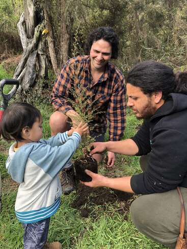 Trois personnes - deux adultes et un enfant - sont en plein air et plantent ensemble un jeune arbre. Ils semblent heureux, entourés de verdure, participant à une activité environnementale ou de jardinage.