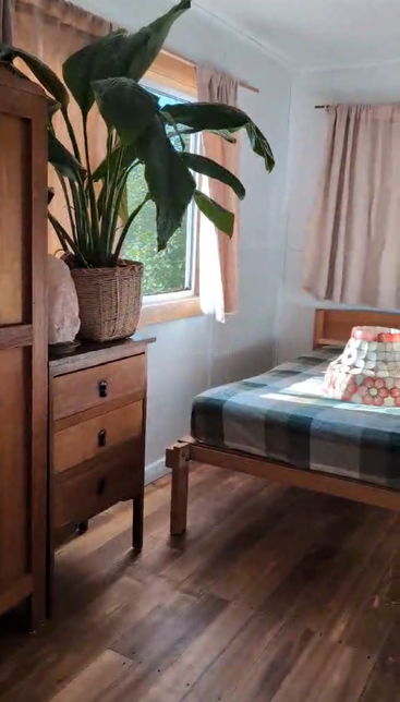 A cozy bedroom with wooden furniture, large leafy plant, sunlight streaming through windows, beige curtains, neatly made bed, patterned pillows, and warm, inviting wooden flooring.