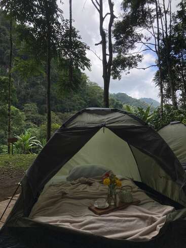 A cozy tent set in a lush forest, with a comfortable bed, pillow, blanket, and a tray holding flowers, tea, and a teapot, inviting relaxation.
