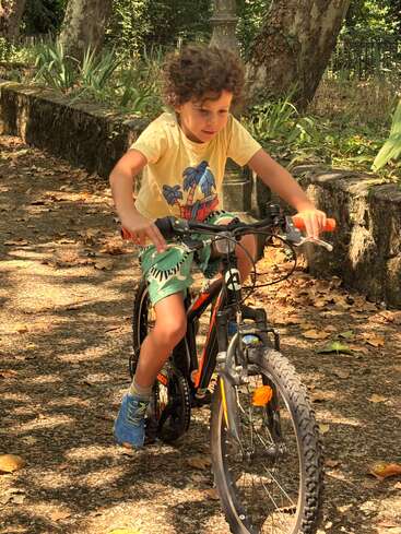Un jeune garçon aux cheveux bouclés roule à vélo, équipé de roues stabilisatrices, sur un chemin verdoyant et ensoleillé, entouré d'arbres et de verdure ; il a l'air concentré et déterminé.