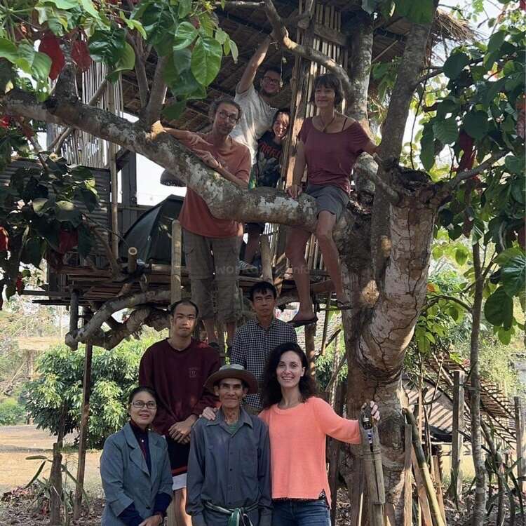 A imagem mostra um grupo de pessoas posando para uma foto em frente a uma casa na árvore, com algumas delas em pé nos galhos da árvore.