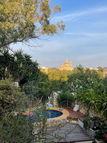 Ein üppiger Garten mit einem kleinen runden Pool, umgeben von grünen Pflanzen und Bäumen, mit Blick auf ein weit entferntes, kunstvoll verziertes Gebäude unter einem blauen, sonnigen Himmel. Friedliche Atmosphäre.