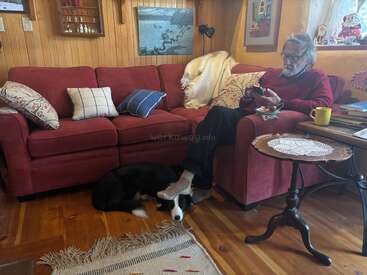 An older man sits on a red sofa, using his phone, with a black-and-white dog resting under his feet. Cozy, warm living room with homey decor.