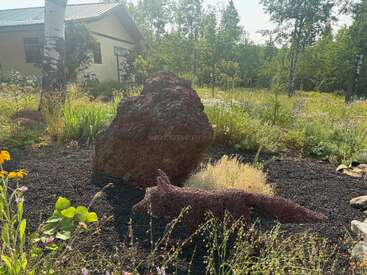A sunlit garden with wildflowers, trees, and tall grass surrounds a building. A reddish fox sculpture and a large rock are prominent in the foreground.