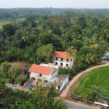 A serene rural landscape featuring two white houses with red-tiled roofs, surrounded by lush green trees, winding roads, and vibrant agricultural fields under a hazy sky.
