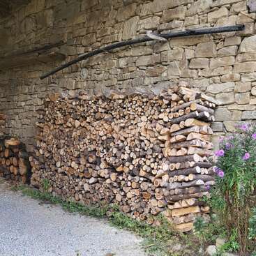 A neatly stacked pile of firewood sits against a rustic stone wall. Purple flowers grow nearby, and a gravel path runs along the front.