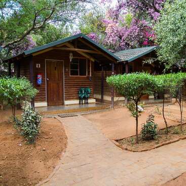 La imagen representa una pequeña cabaña rústica de madera con tejado verde, situada en un sereno jardín, rodeada de árboles y flores.