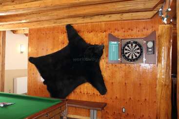 Cette salle de jeux confortable comprend un billard, un tapis en peau d'ours accroché au mur en bois et un jeu de fléchettes, créant une atmosphère rustique et accueillante.
