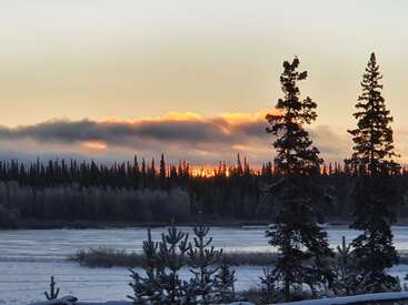 Un paysage hivernal serein au coucher du soleil, avec un sol gelé, de grands arbres à feuilles persistantes, la silhouette d'une forêt et un ciel spectaculaire qui brille d'une lueur orange derrière des nuages sombres. Paisible et calme.