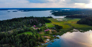 A serene landscape features lush green forests, a few scattered houses, and a peaceful waterfront. The tranquil water reflects the sky under soft daylight.