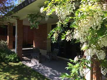La imagen representa una serena escena de porche, con una casa de ladrillo, un porche cubierto con dos sillas y un frondoso árbol con flores blancas en primer plano.