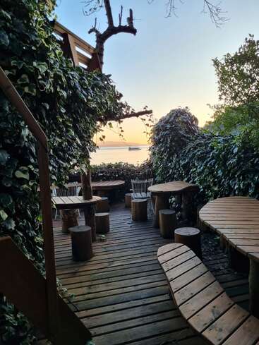 Un patio confortable avec des tables et des bancs en bois entourés de vignes verdoyantes donne sur un front de mer serein au coucher du soleil, avec un bateau visible au loin.
