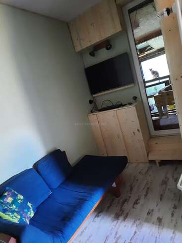 This cozy room features a blue sofa, wooden furniture, a wall-mounted TV, a large mirror, and a window with a cat sitting outside on the balcony.