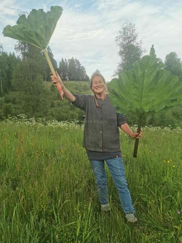 Uma mulher sorridente está em um campo verde exuberante, segurando duas folhas gigantes de ruibarbo no alto, cercada por flores silvestres e árvores sob um céu nublado.