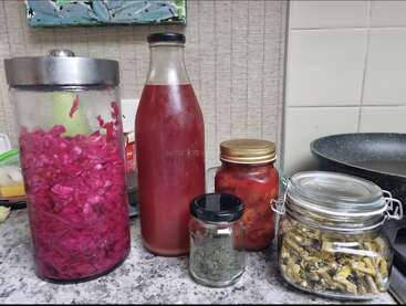 This image shows a kitchen counter with jars and bottles containing pickled red cabbage, a red beverage, dried herbs, pickled vegetables, and preserved red peppers.