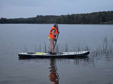 Eine Person in einer orangefarbenen Schwimmweste steht auf einem Paddleboard und paddelt auf dem ruhigen See, umgeben von Schilf und dem in der Ferne liegenden Waldufer.
