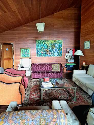 L'image représente un salon confortable avec un mur et un plafond chaleureux en bois, avec une peinture vibrante, des meubles en peluche et une table basse en verre sur un tapis à motifs.