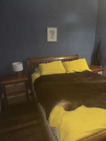 Um quarto aconchegante com uma estrutura de cama de madeira, roupa de cama amarela, um cobertor marrom, paredes azuis escuras, mesas de cabeceira, uma lâmpada e um retrato de cachorro acima da cama.