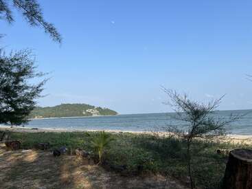 Eine ruhige Strandszene mit weichem Sand, sanften Wellen, spärlicher Vegetation und einem grünen Hügel in der Ferne unter einem strahlend blauen Himmel, eingerahmt von zarten Ästen.