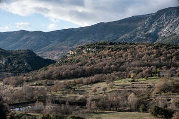Colinas onduladas y densos bosques se extienden por el paisaje bajo imponentes montañas. Árboles dispersos, un estanque y una casa rústica completan la tranquila escena campestre iluminada por el sol.