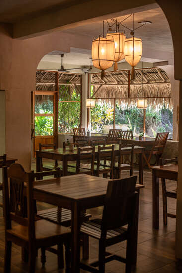 Cette image montre un restaurant confortable et chaleureusement éclairé, avec des tables et des chaises en bois, un plafond tressé, des lampes de style lanterne et une verdure luxuriante visible à travers de grandes fenêtres à l'extérieur.