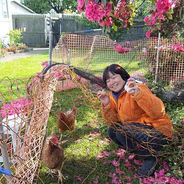 A smiling person in an orange jacket crouches in a flower-filled garden, holding freshly laid eggs, surrounded by chickens within a mesh enclosure under blooming pink flowers.