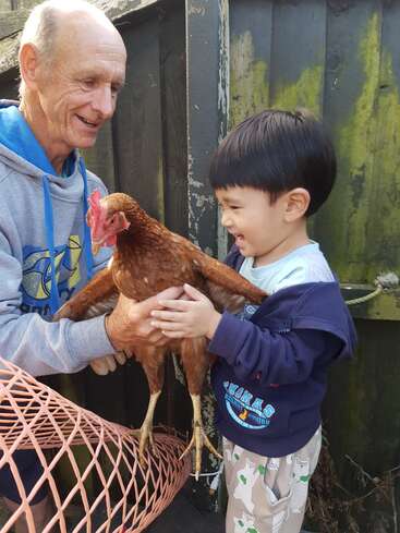 An elderly man and a young boy smile joyfully while holding a brown chicken together, sharing a happy, heartwarming moment outdoors beside a wooden fence.