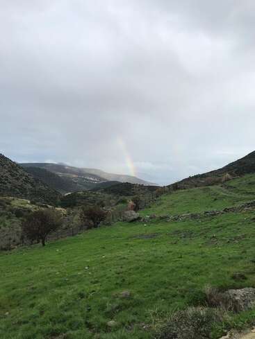 Rolling green hills stretch towards distant mountains under a cloudy sky. A faint rainbow appears in the middle, adding a magical touch to the peaceful landscape.