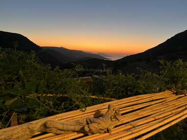 A beautiful sunset sky glows over distant mountains and a calm sea, with lush green plants and a rustic bamboo fence in the foreground. Peaceful evening.