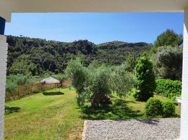 A serene garden view with lush green grass, olive trees, a straw gazebo, surrounded by hills and forests under a bright, clear blue sky. Peaceful atmosphere.