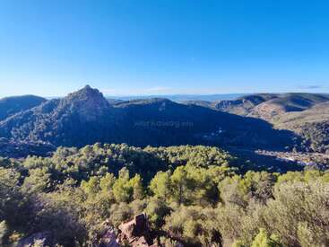 A stunning landscape of green forested mountains under a clear blue sky, with rocky peaks and valleys. Sunlight highlights the natural beauty and expansive wilderness.