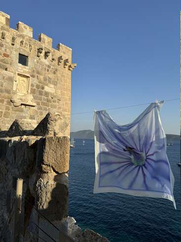 A stone castle wall overlooks a deep blue sea with sailboats in the distance. A scarf with a purple flower print flutters in the breeze.