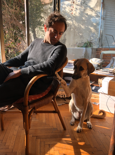 A man sits in a wicker chair, gently looking down. A dog beside him raises its paw to his arm. Sunlight streams through the window.