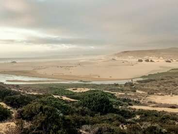 Uma vasta praia de areia encontra um rio sinuoso sob um céu nublado. Arbustos verdes cobrem o primeiro plano, enquanto dunas e névoa se estendem até ao horizonte.
