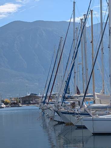 Sailboats are neatly lined up in a serene marina, their masts reaching skyward against a backdrop of misty blue mountains and a peaceful, reflective water surface.