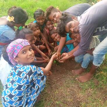 La imagen muestra a un grupo de niños y un adulto plantando un pequeño árbol en la tierra, rodeados de exuberante hierba verde.