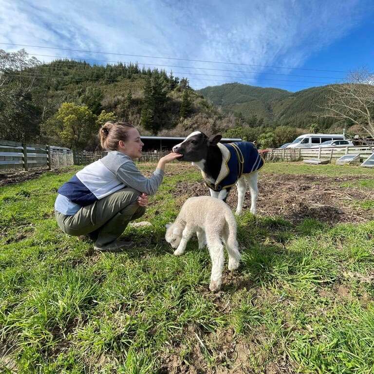 A woman crouches in a grassy field, gently touching the nose of a black-and-white calf, with a small white lamb grazing nearby.
