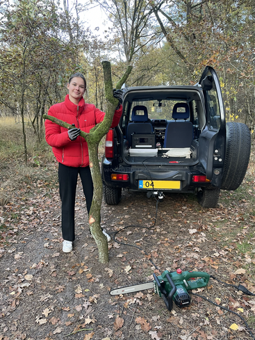 A woman in a red jacket holds a large, freshly cut tree branch beside an SUV with an open trunk in a forest; chainsaw rests nearby.