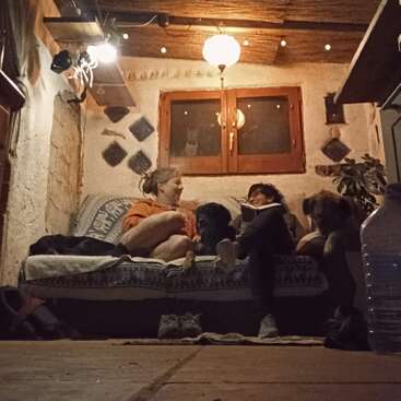 La imagen muestra una acogedora habitación con dos mujeres y tres perros en un sofá, rodeados de una atmósfera cálida, con una ventana y un techo de madera que contribuyen al ambiente.