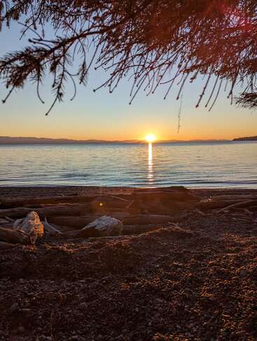 Das Bild zeigt einen heiteren Sonnenuntergang über einem Gewässer, mit einem Baumzweig im Vordergrund und einem felsigen Strand im Hintergrund, der ein Gefühl der Ruhe hervorruft.