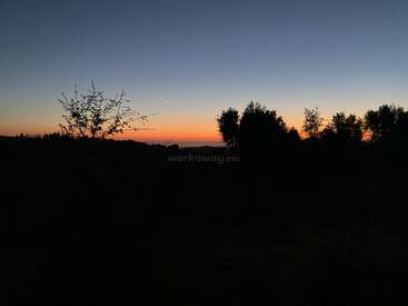 Ein friedlicher Sonnenuntergang mit einem leuchtend orangefarbenen Horizont, silhouettierten Bäumen und einem verblassenden Himmel, der von Hellblau in die Abenddämmerung übergeht, strahlt Ruhe und Gelassenheit aus.