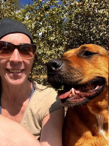 A woman wearing sunglasses and a beanie takes a cheerful selfie with her brown dog outdoors. Both are smiling, enjoying a sunny day with green foliage behind.